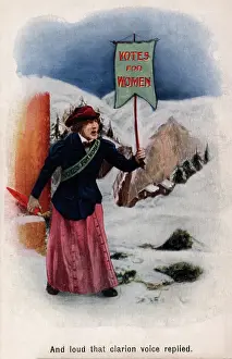 Clarion: Suffragette in Snow Votes for Women