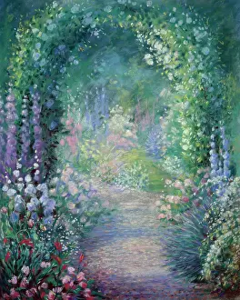 Delphiniums: Summer Garden with Pathway and Lavender