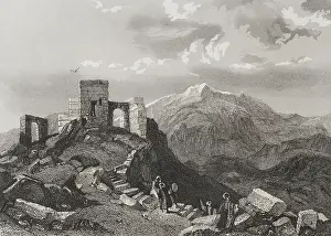 Jebel: Summit of Mount Sinai. Ruins of a temple. Engraving