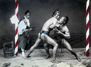 Sumo: Sumo wrestlers and referee, Japan, circa 1890