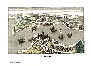 Elsinore: The Sund (channel) with Kronborg Castle and Helsingborg