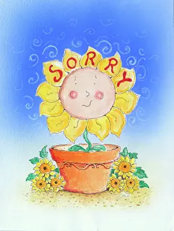 Sorry: Sunflower in a pot with Sorry on its petals