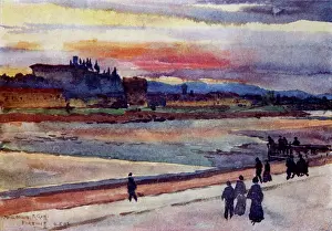 Winters: Sunset over Monte Oliveto from banks of the Arno River