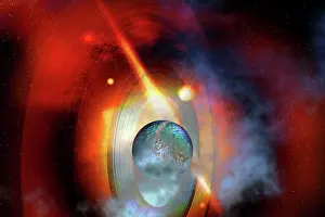 Flare: A supernova star explodes near a ringed planet