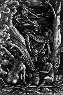 Coven: superstition, witchcraft, etching by Hans Baldung