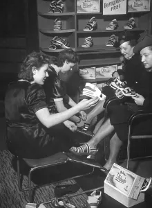 Sandals: Supply of clothes, substitutes, shoe store, 1940
