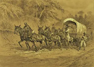 Wagons: A supply wagon being pulled by six mules, circa 1864