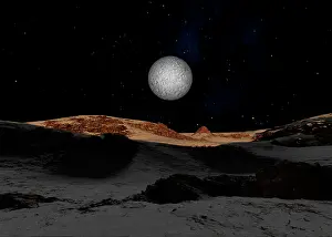 Satellites: The surface of Pluto with Charon in the sky