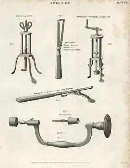 Petits: Surgical equipment including elevator and trepans, 19thC