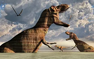 Tyrannosaurus: A surreal image of fossilized T-rex dinosaurs that are alive