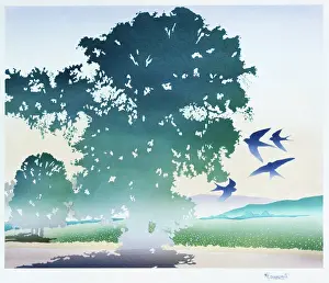Airbrush: Swallows in a fantasy landscape