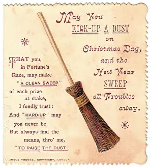 Puns: Sweeping brush with comic verse on a Christmas card