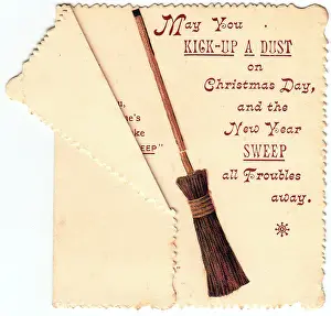 Puns: Sweeping brush with comic verse on a Christmas card