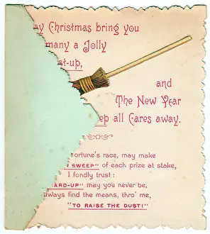 Puns: Sweeping brush with comic verse on a Christmas card