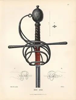 Klipphahn: Sword hilt with knob and hook in iron and silver