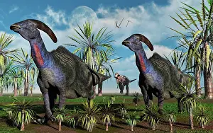 Tyrannosaurus: A T-rex chasing a pair of Parasaurolophus dinosaurs