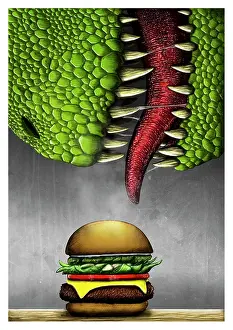 Hungry: T-rex with cheeseburger