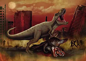 Rival: T-rex defeating a Spinosaurus dinosaur in battle