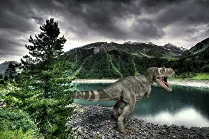 Tyrannosaurus: T-Rex dinosaur on a lake shore, with mountains