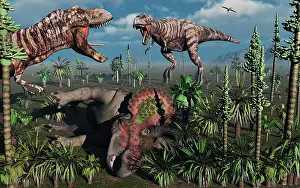 Howling: Two T Rex dinosaurs confront each other over a dead ?