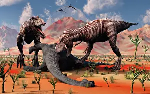 Flesh: Two T Rex dinosaurs feed on the remains of a dead sauropod