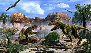 Carrion: Two T-Rex dinosaurs fighting over a dead carcass
