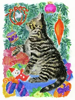 Baubles: Tabby Cat looking at Christmas Tree