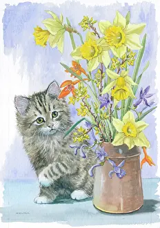 Gilda: Tabby Kitten and a vase of spring flowers