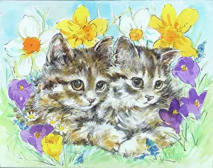 Matthes: Two tabby kittens with daffodils and crocuses