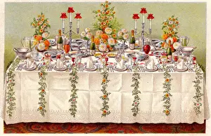 Entertaining: Table covered with a linen cloth and set for a