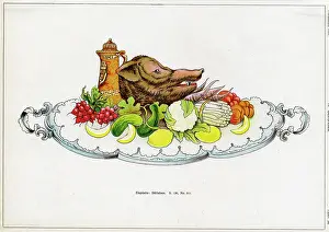 Boar: Table display -- boar's head with vegetables
