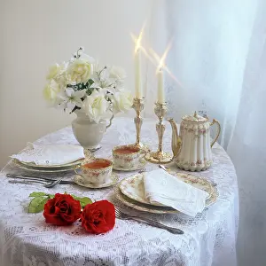 Napkins: Table Set for Tea Service for 2 with Candles and Bouquet