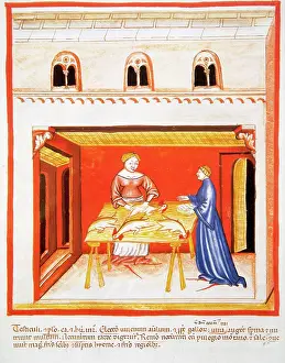 Handbook: Tacuinum Sanitatis. 14th century. Women cleaning chickens