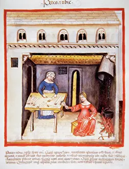 Pork: Tacuinum Sanitatis. 14th century. Women cutting pig's trotte
