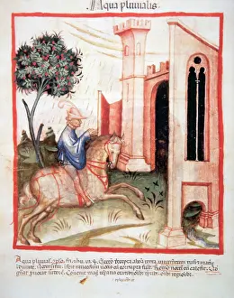 Raining: Tacuinum Sanitatis. Man riding in the rain