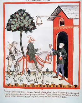 Returning: Tacuinum Sanitatis. Servant offering a glass of wine to his