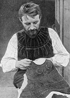 Breton: Tailor embroidering waistcoat, Brittany, Northern France