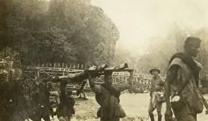 Cameroons: Taking guns across at Nloke Bridge, Cameroon, WW1