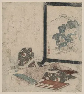 Heike: Tale of the heike and a lute next to a standing screen