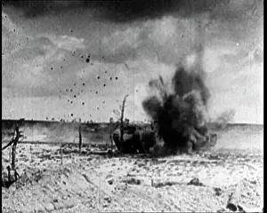 Obscuring: Tanks Driving Across Battlefield. A Large Explosion
