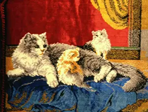 Woven: Tapestry design, cat with two kittens