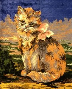 Woven: Tapestry design, cat with pink ribbon