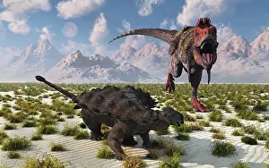 Santonian: A Tarbosaurus dinosaur approaching a Pinacosaurus