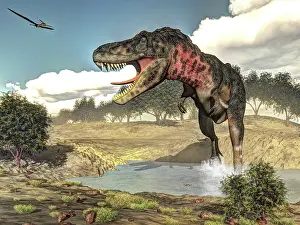 Pteranodon: Tarbosaurus running through a steam amongst Tamarix plants