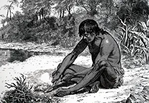 Rubbing: Tasmanian native producing fire by rubbing a hardwood