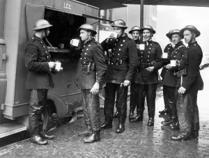 Teatime: Tea break for firefighters, London, WW2