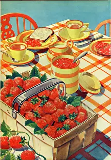 Cups: Tea table with strawberries and jam