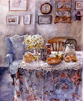 Teatime: Tea Time ? table set with bread, pie, pears etc
