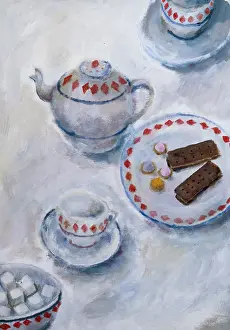 Bourbons: Teapot and Biscuits ' with cups and saucers