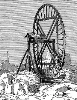 Laplante: technics, mills, treadwheel, drawing by C. Laplante